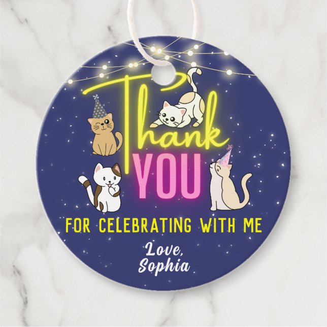 Neon Glow Pink Yellow Niedlich Cats Party Vielen D Geschenkanhänger (Vorderseite)