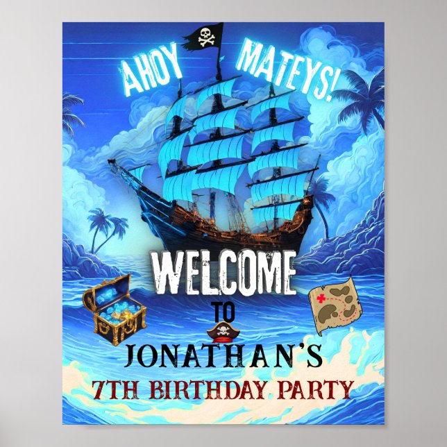 Neon Glow Pirate Ship Ahoy Mateys Begrüßungszeiche Poster (Vorne)