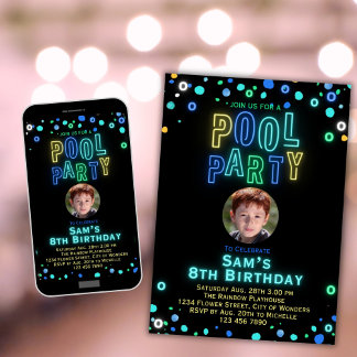 Neon Glow Pool Party Boys Foto Geburtstagsparty Einladung