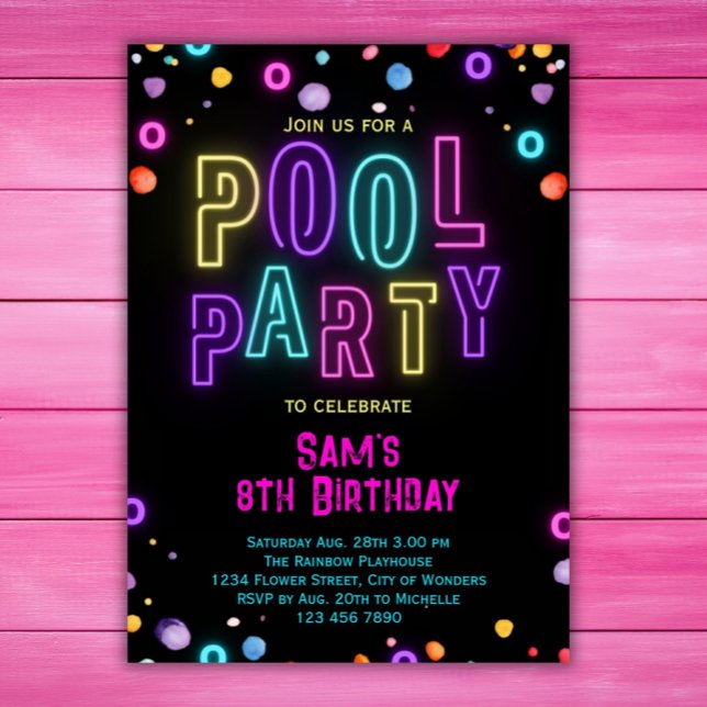 Neon Glow Pool Party Girls Rosa Lila Geburtstag Einladung (Von Creator hochgeladen)