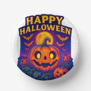 Neon Glow Pumpkin "Happy Halloween" Pappteller