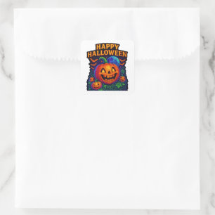 Neon Glow Pumpkin "Happy Halloween" Quadratischer Aufkleber