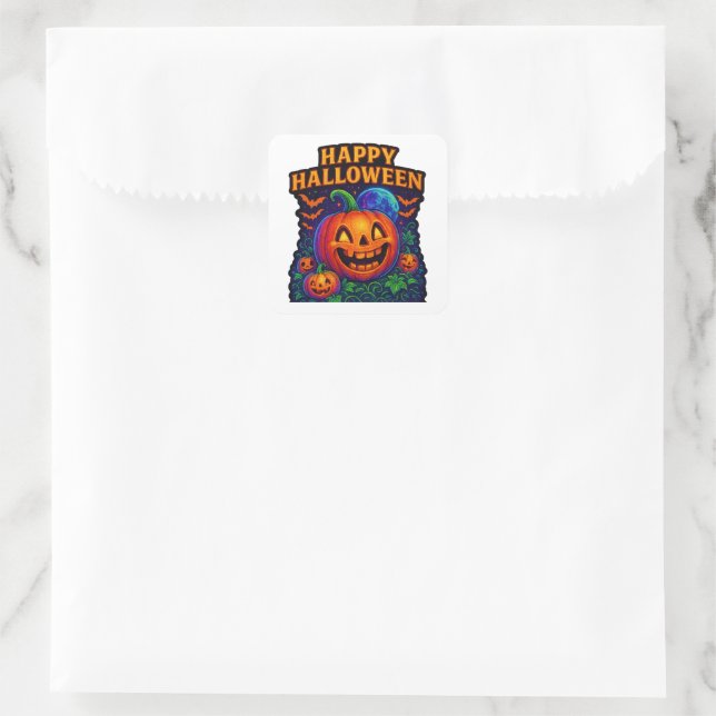 Neon Glow Pumpkin "Happy Halloween" Quadratischer Aufkleber (Tasche)