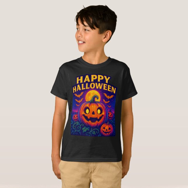 Neon Glow Pumpkin "Happy Halloween" T-Shirt (Vorne ganz)