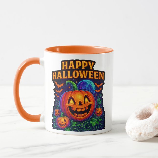 Neon Glow Pumpkin "Happy Halloween" Tasse (Mit Donut)