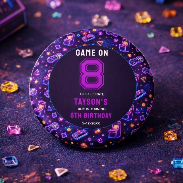 Neon Glow Retro Arcade Gaming 8. Geburtstag Button (Neon Glow Retro Arcade Gaming 8th Birthday button)