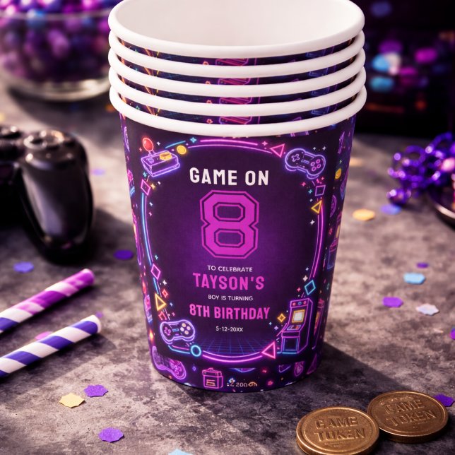 Neon Glow Retro Arcade Gaming 8. Geburtstag Pappbecher (Neon Glow Retro Arcade Gaming 8th Birthday Paper Cups)