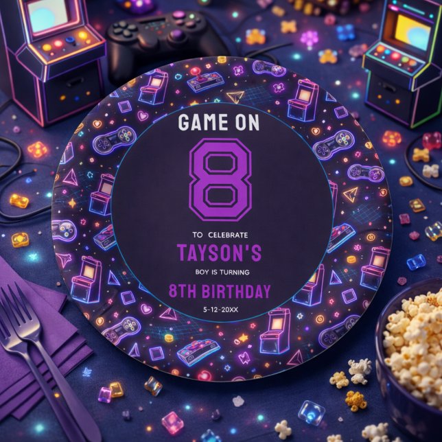 Neon Glow Retro Arcade Gaming 8. Geburtstag Pappteller (Neon Glow Retro Arcade Gaming 8th Birthday Paper Plates
)