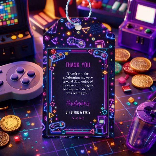 Neon Glow Retro Arcade Gaming 8th Birthday Geschenkanhänger (Neon Glow Retro Arcade Gaming 8th Birthday Gift Tags)