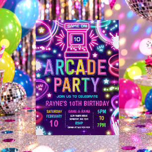 Neon-Glow Retro-Arcade-Gaming-Birthday-Party Einladung