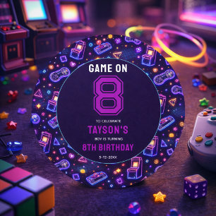 Neon Glow Retro-Arcade-Spiele 8. Geburtstag Runder Aufkleber