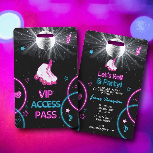 Neon Glow Roller Skaten Let's Roll Birthday Party Ausweis (Neon Glow Roller Skating Let's Roll Birthday Party Badge)