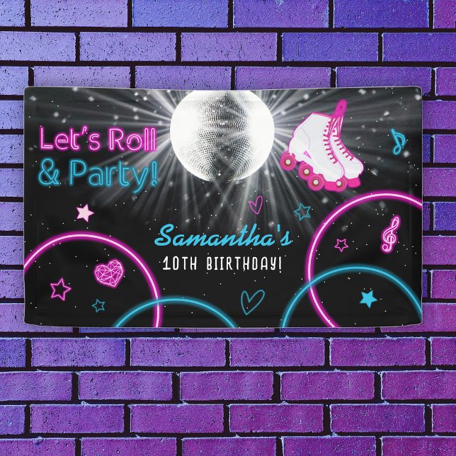Neon Glow Roller Skaten Let's Roll Birthday Party Banner (Neon Glow Roller Skating Let's Roll Birthday Party Banner)