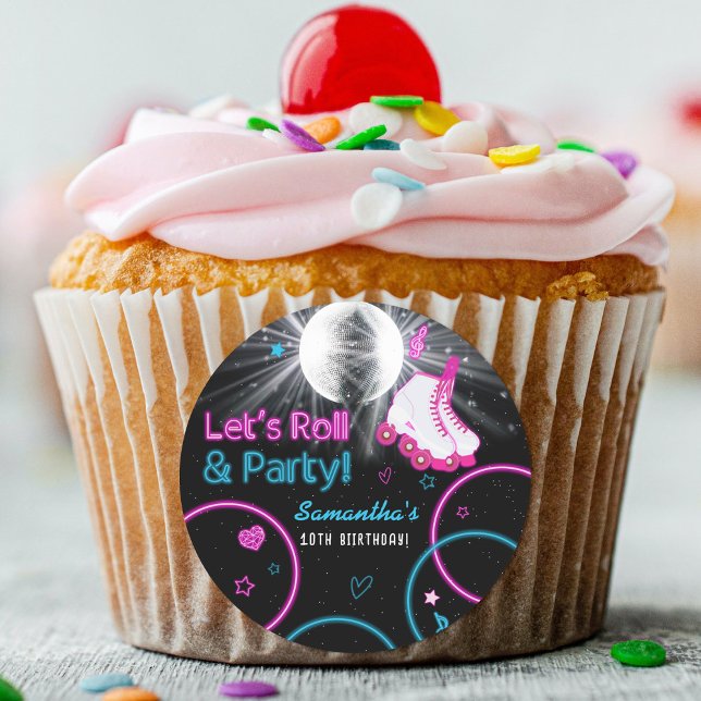 Neon Glow Roller Skaten Let's Roll Birthday Party Runder Aufkleber (Neon Glow Roller Skating Let's Roll Birthday Party Classic Round Sticker)