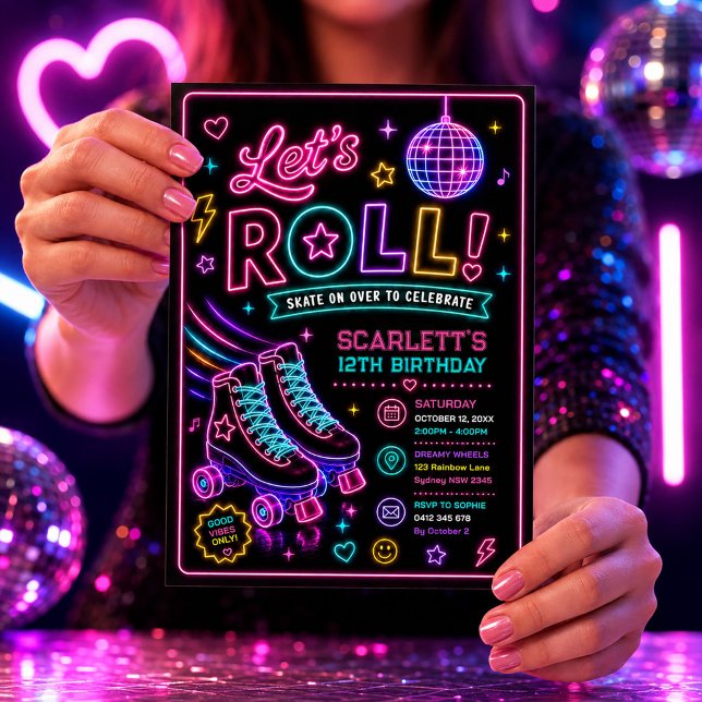 Neon Glow Rollschuh Mädchen Geburtstagsfeier Einladung (Von Creator hochgeladen)