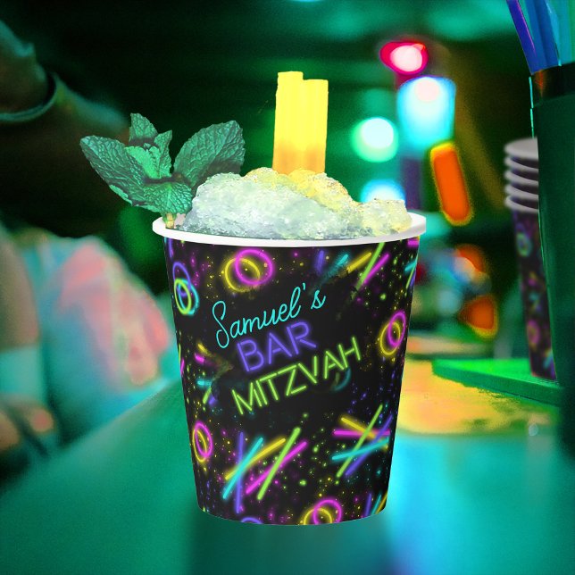 Neon Glow Stick Bar Mitzvah ID991 Pappbecher (In Situ)