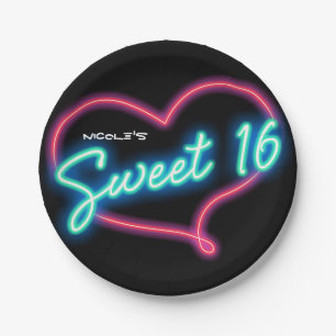 Neon Glow SWEET 16 Herz Geburtstagsparty Pappteller