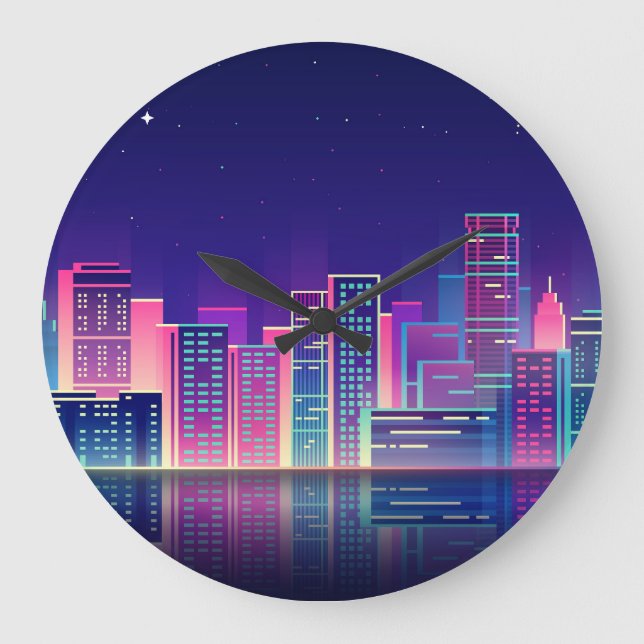 Neon Glow Vintag Night City Große Wanduhr (Vorderseite)