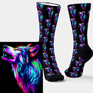 Neon Glow Wolf Kopf auf schwarz Socken