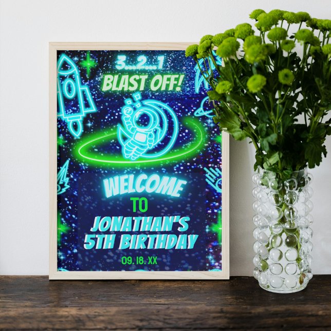 Neon Glows Space Rocket Ship Boys Party Willkommen Poster (Von Creator hochgeladen)