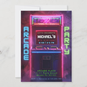 Neon-Glüh-Retro-Arcade-Gaming-Geburtstagsfeier Einladung