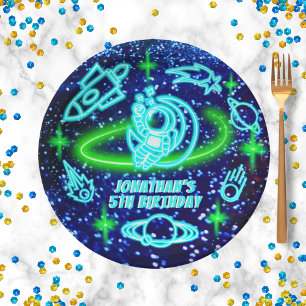 Neon glühende Blue Outer Space Rocket Ship Boy's Pappteller