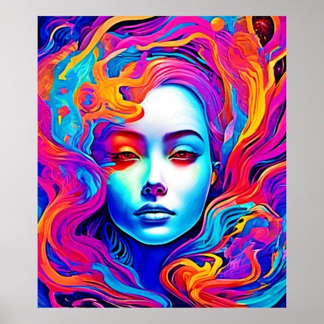 Neon Goddess mit blühendem kosmischem Haar Poster (Vorne)