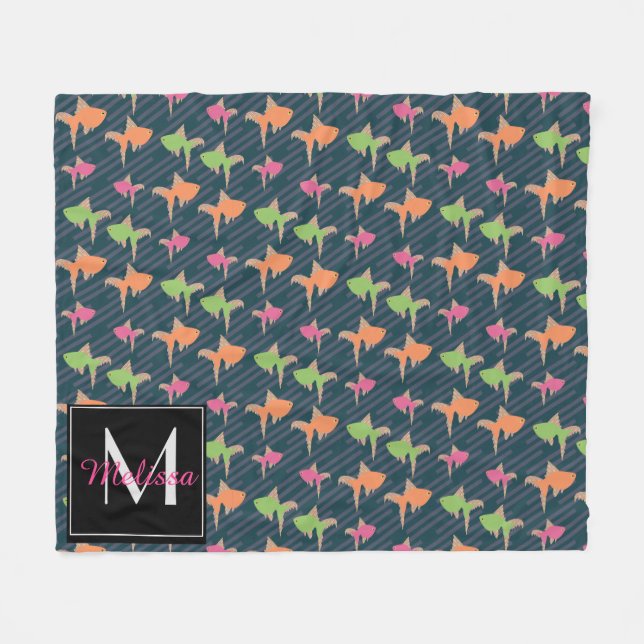 Neon Goldfish Mongram Individuelle Name Fleecedecke (Vorderseite (Horizontal))