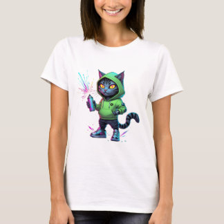 Neon Graffiti Cat - Futuristic Cyberpunk Street Ar T-Shirt