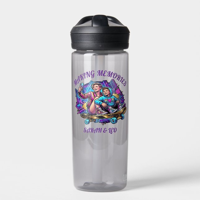 Neon Graffiti Cool Mom & Son Skateboard Water Bott Trinkflasche (Vorderseite)