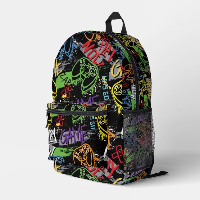 Neon-Graffiti-Gaming-Muster Bedruckter Rucksack (Rückseitige Ecke Rechts)