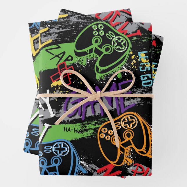 Neon-Graffiti-Gaming-Muster Geschenkpapier Set (Beispiel)