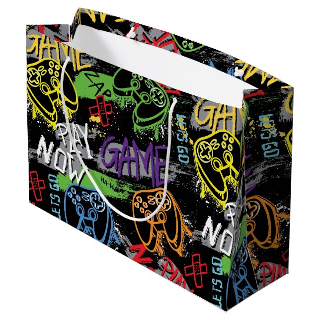 Neon-Graffiti-Gaming-Muster Große Geschenktüte (Rückseite Schrägansicht)