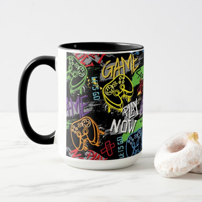Neon-Graffiti-Gaming-Muster Tasse (Mit Donut)