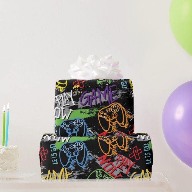 Neon Graffiti Gaming Pattern Geschenkpapier (Partygeschenke)