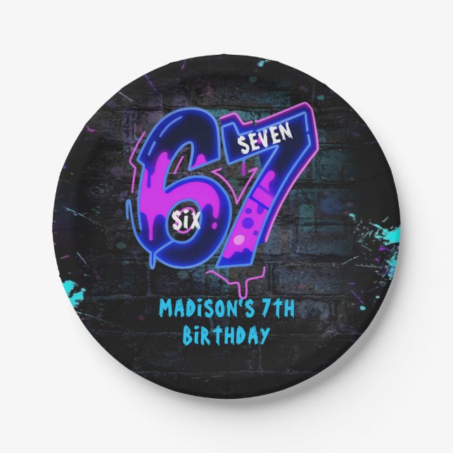 Neon-Graffiti-Sechs-Sieben 7. Geburtstag Papier-Te Pappteller (Vorderseite)