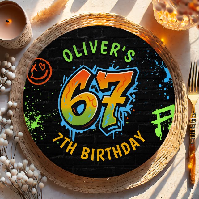 Neon Graffiti Six Seven Kids 7th Birthday Party Pappteller (Von Creator hochgeladen)