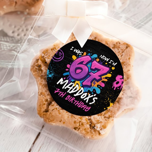 Neon Graffiti Six Seven Kids 7th Birthday Party Runder Aufkleber (Von Creator hochgeladen)