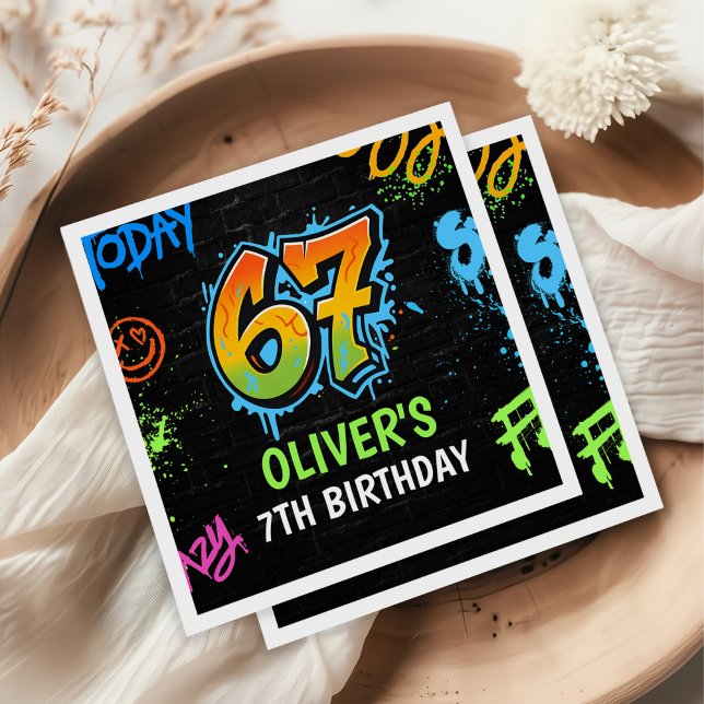 Neon Graffiti Six Seven Kids 7th Birthday Party Serviette (Von Creator hochgeladen)