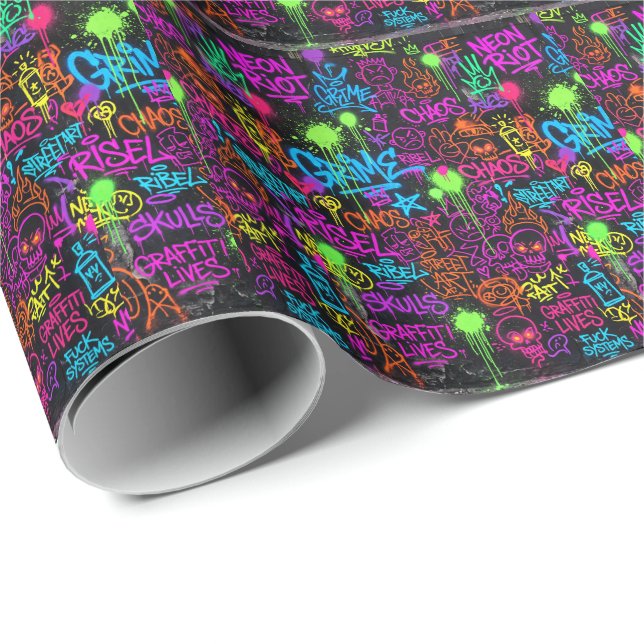 Neon-Graffiti-Street-Art-Collage-Muster Geschenkpapier (Rolleneckpunkt)