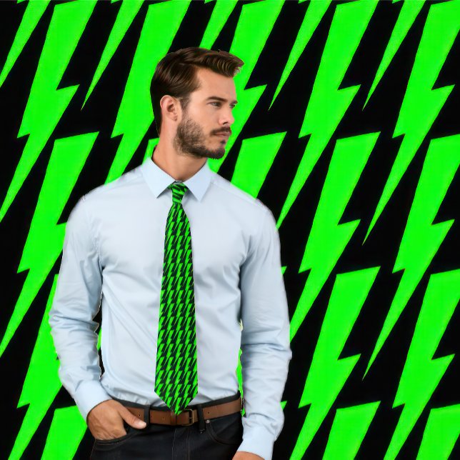 Neon Green and Black Lightning Bolt Necktie Krawatte (Man wears a tie with a neon green lightning pattern on black.)