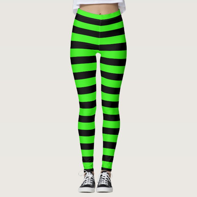 Neon Green & Black Halloween Streifen Hexenkostüm Leggings (Vorderseite)