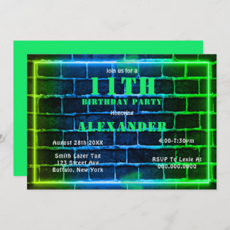 Neon Green Blue Brick 11. Geburtstagsparty Einladu