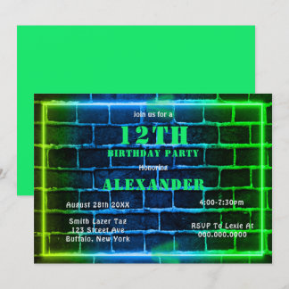 Neon Green Blue Brick 12. Geburtstagsparty Einladu