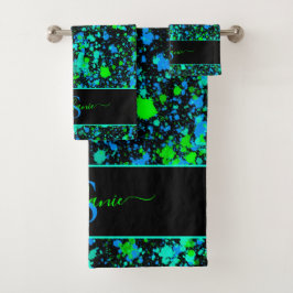 Neon Green Blue Paint Spritzer Monogram Retro Badhandtuch Set
