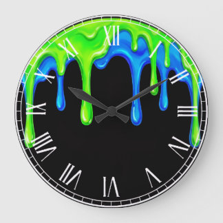 Neon Green & Blue Slime Drip Black Gamer Graffiti  Große Wanduhr