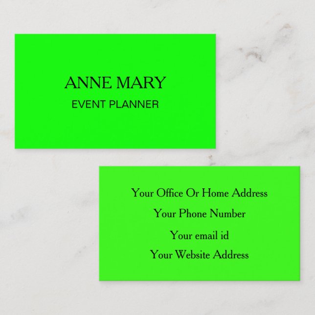 Neon Green Bright Colorful Wedding Event Planner Visitenkarte (Vorne/Hinten)