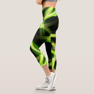 Neon Green Bright Lights Streams Black Capri Leggings