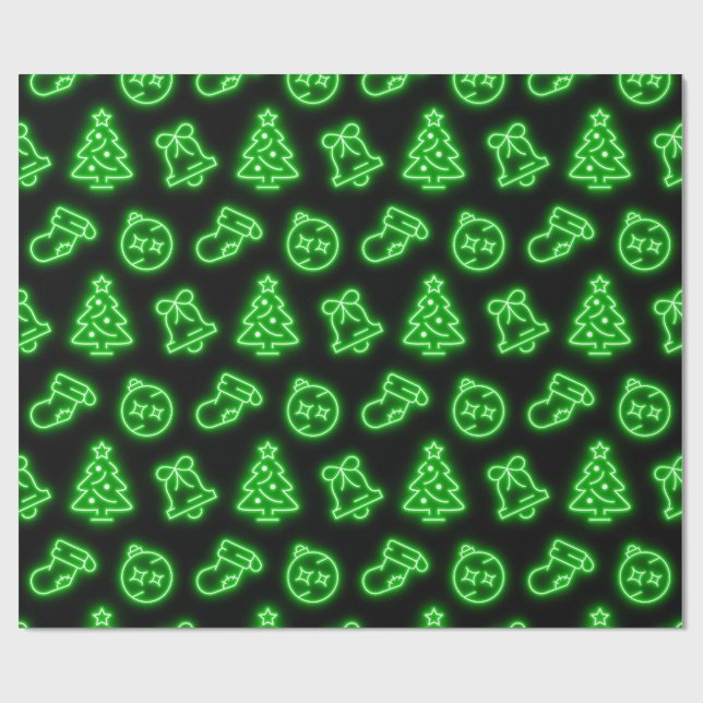 Neon Green Christmas auf Black Geschenkpapier (Flach)