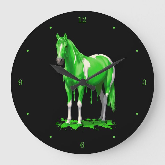 Neon Green Dripping Nass Paint Horse Große Wanduhr (Vorderseite)